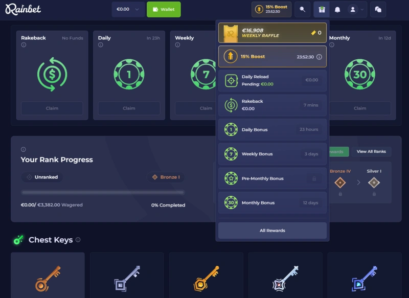 rainbet bonuses page