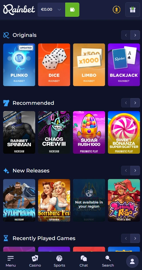 rainbet mobile games page